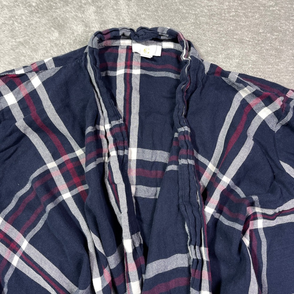 C Luce Women's XL Navy Plaid Open Front Cardigan Fringe Hem Lightweight